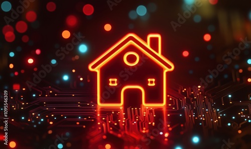 Neon house icon on circuit board background, vibrant colors, digital technology theme, glowing lights, modern design