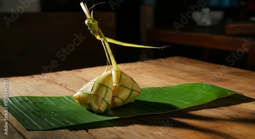 Ketupat on a Green Banana Leaf over the Wooden Table
