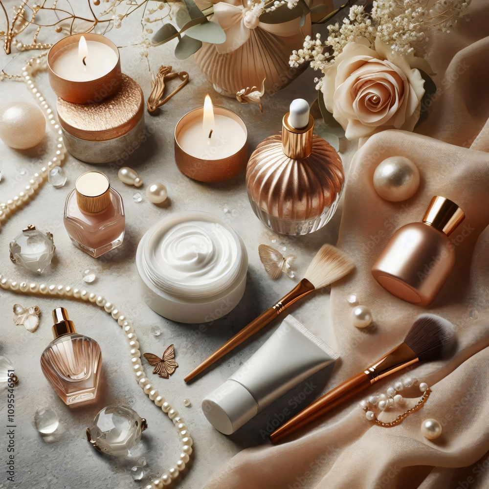 Elegant flat lay of luxury beauty products with a soft fabric background Elegant flat lay of luxury beauty products with a soft fabric background