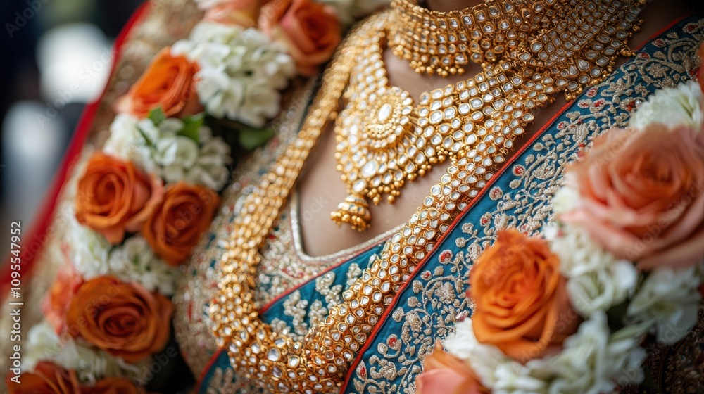 Obraz premium Elegant Traditional Jewelry Adorned with Floral Garland and Rose Accents for Beautiful Cultural Ceremony in Vibrant Color Palette