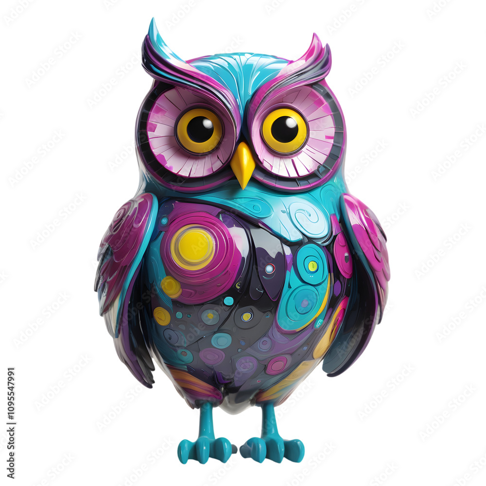 Naklejka premium 3D Comic-Style Owl with Vibrant Colors and Intricate Patterns