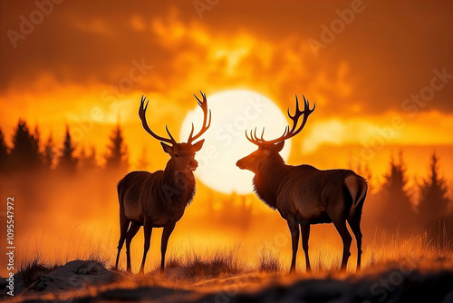 Stunning sunrise with deers in foggy mountain landscape showcasing wilderness and natural beauty