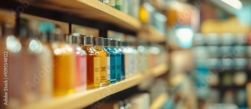 Shoppers in the cosmetics and household chemicals store A blurred view of a large perfume shop featuring perfumes and cosmetics Customers in the perfume shop are examining