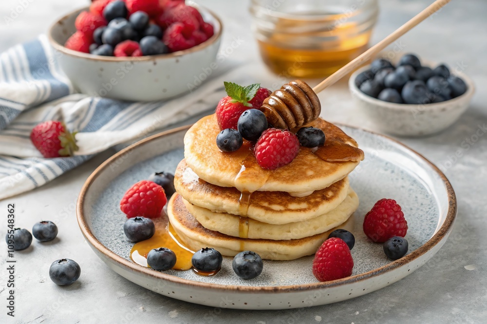 Stack of golden pancakes topped with fresh berries and drizzled with honey. Perfect for breakfast menus or comfort food campaigns Stack of golden pancakes topped with fresh berries and drizzled with honey. Perfect for breakfast menus or comfort food campaigns