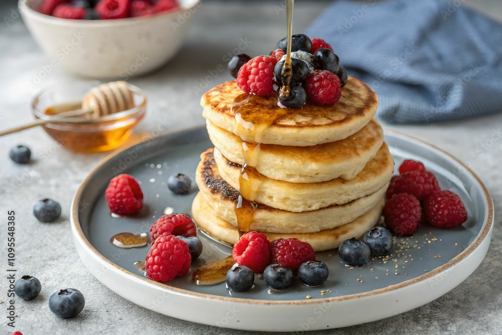 Stack of golden pancakes topped with fresh berries and drizzled with honey. Perfect for breakfast menus or comfort food campaigns Stack of golden pancakes topped with fresh berries and drizzled with honey. Perfect for breakfast menus or comfort food campaigns