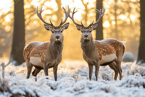 Majestic deers at sunrise in serene mountain landscape with fog, perfect for nature, wildlife, and outdoor themes photo