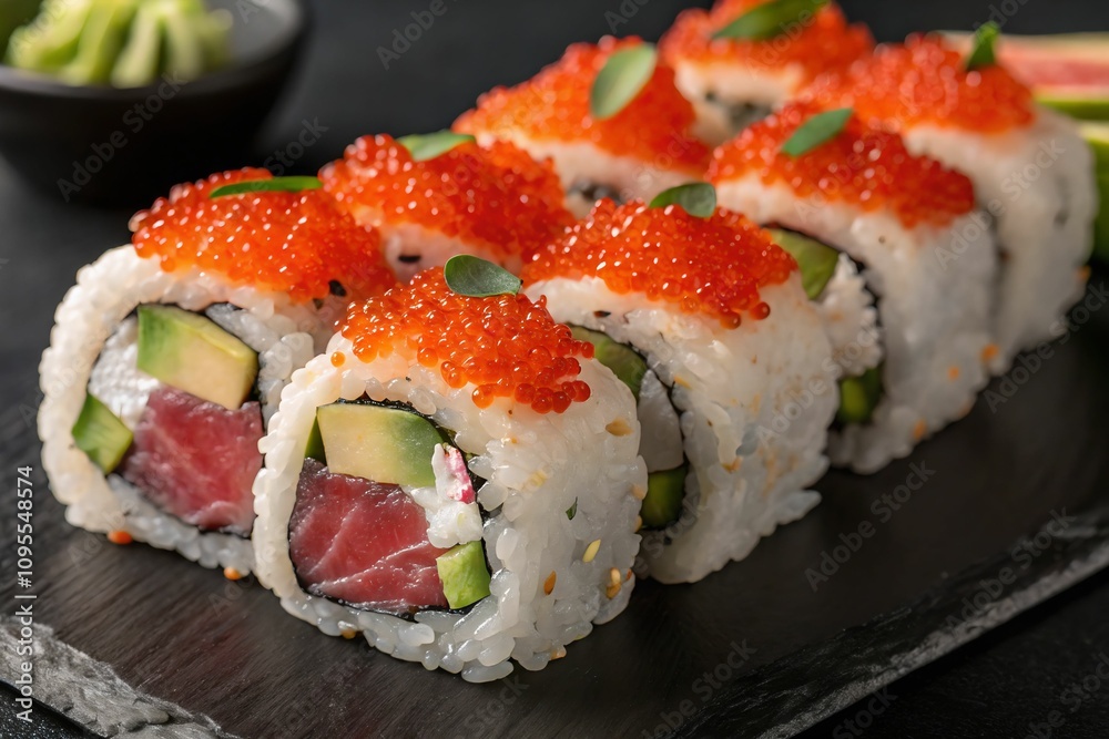 Close-up of assorted sushi rolls topped with red caviar, served on a white plate with garnish. Ideal for Japanese cuisine promotions or food photography Close-up of assorted sushi rolls topped with red caviar, served on a white plate with garnish. Ideal for Japanese cuisine promotions or food photography