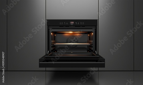 Modern black oven interior, sleek design, illuminated cooking space, advanced features, built-in style, perfect for contemporary kitchens
