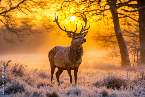 Majestic deers at sunrise in serene mountain landscape with fog, perfect for nature, wildlife, and outdoor themes photo