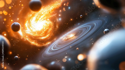 A enigmatic vortex of celestial bodies, planets, and galaxies spiraling in a cosmic dance photo