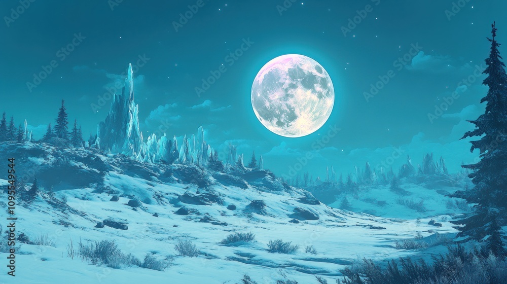 A serene winter landscape under a glowing full moon with icy formations and snow. A serene winter landscape under a glowing full moon with icy formations and snow.
