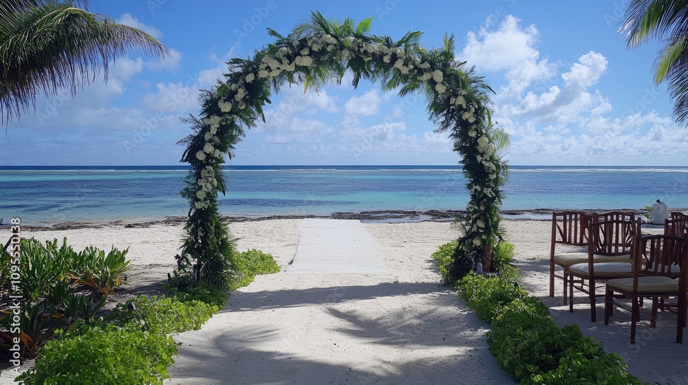 Serene Beach Wedding Setup with Floral Arch Overlooking Tropical Ocean and Sandy Shoreline in Bright Sunshine and Clear Sky for Romantic Celebrations Serene Beach Wedding Setup with Floral Arch Overlooking Tropical Ocean and Sandy Shoreline in Bright Sunshine and Clear Sky for Romantic Celebrations