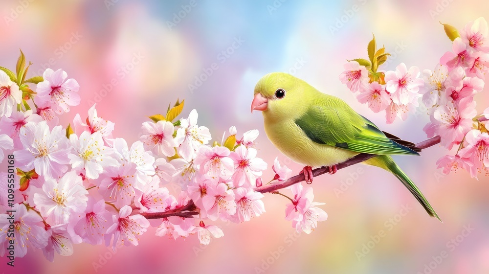 Vibrant Green Bird Perched on Cherry Blossom Branch Against Soft Pink Background in Spring Garden Setting with Colorful Floral Display Vibrant Green Bird Perched on Cherry Blossom Branch Against Soft Pink Background in Spring Garden Setting with Colorful Floral Display