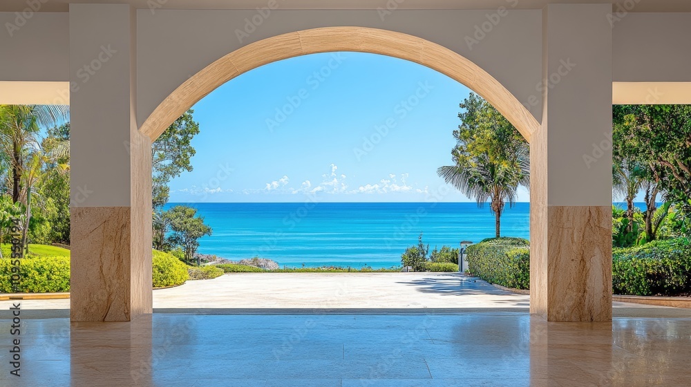 Serene Coastal View Through an Archway Framing Lush Greenery and Tranquil Blue Ocean Under a Clear Sky in a Luxurious Modern Space Serene Coastal View Through an Archway Framing Lush Greenery and Tranquil Blue Ocean Under a Clear Sky in a Luxurious Modern Space