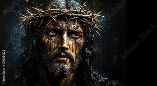 Realistic Battered Jesus Christ Statue Crown of Thorns Bloodied Face Torn Clothing Dark Background Passion Resurrection