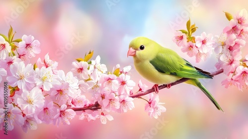 Vibrant Green Bird Perched on Cherry Blossom Branch Against Soft Pink Background in Spring Garden Setting with Colorful Floral Display