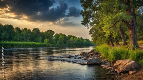 Serene riverside scene with lush trees and rocky riverbank under a dramatic sky.