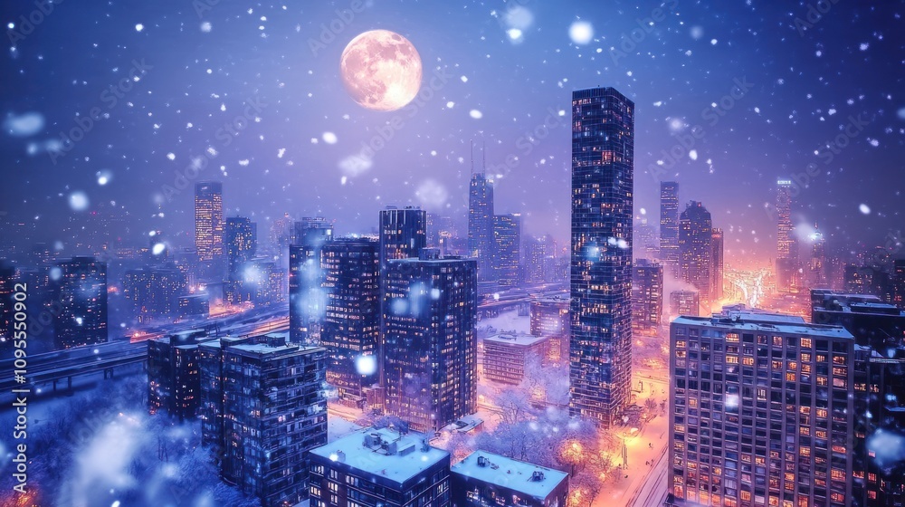 A snowy cityscape illuminated by moonlight, showcasing winter beauty and urban life. A snowy cityscape illuminated by moonlight, showcasing winter beauty and urban life.