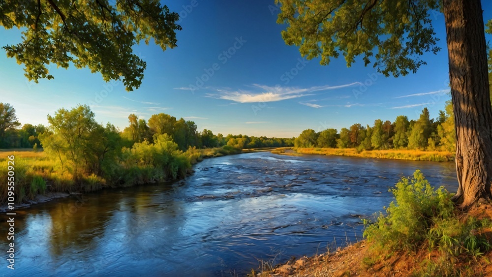 A serene riverside scene with lush greenery and a clear sky reflecting tranquility. A serene riverside scene with lush greenery and a clear sky reflecting tranquility.