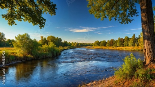 A serene riverside scene with lush greenery and a clear sky reflecting tranquility.