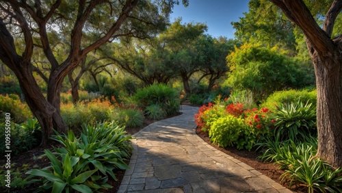 A serene garden path surrounded by lush greenery and vibrant flowers.
