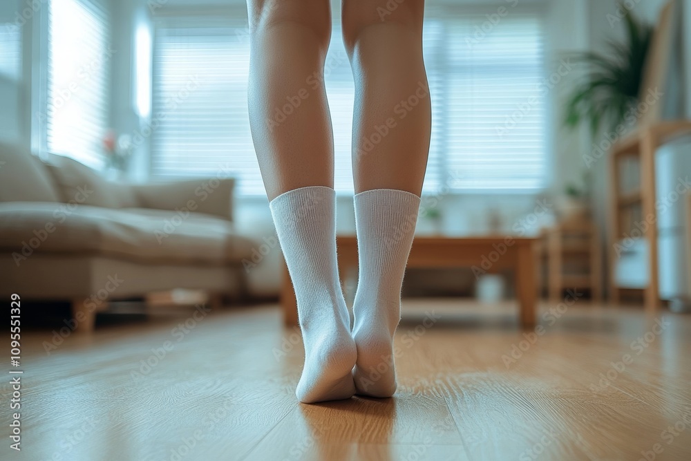 Young woman standing barefoot in white ankle socks on wooden floor in modern living room Young woman standing barefoot in white ankle socks on wooden floor in modern living room