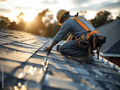 Roofer worker with safety helmet and uniform using nail gun on roof top at sunset photo