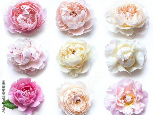 collection of pastel peonies varying in bloom stage, showcasing delicate petals and soft colors. These flowers evoke sense of tranquility and beauty