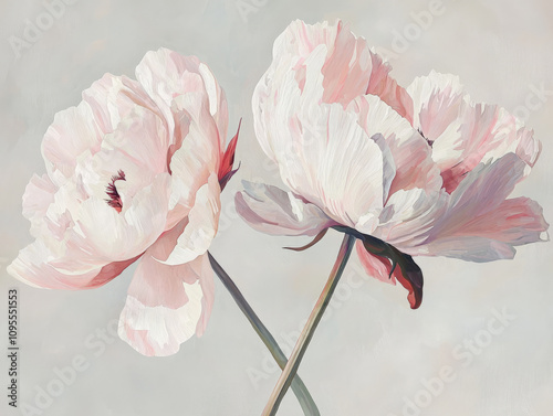 Pastel peonies in full bloom with ruffled layers, showcasing delicate petals and soft colors, evoke sense of tranquility and beauty in nature