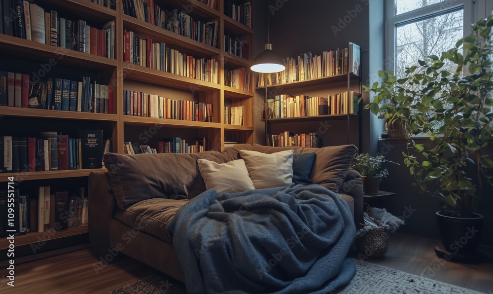 Cozy reading nook with bookshelves, sofa, and plants. Warm lighting creates inviting atmosphere. Soft blankets and cushions enhance comfort. Cozy reading nook with bookshelves, sofa, and plants. Warm lighting creates inviting atmosphere. Soft blankets and cushions enhance comfort.