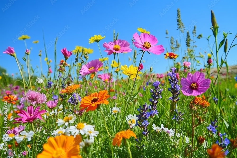 Obraz premium Blumenwiese in voller Blüte mit bunten Sommerblumen und klarem Himmel