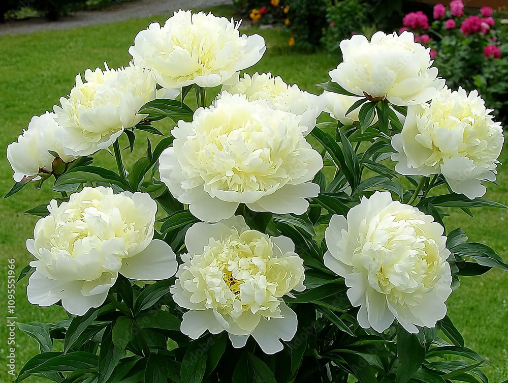 Obraz premium Luxurious pastel peonies in full bloom, impeccably ruffled, create stunning floral display in vibrant garden setting, evoking sense of tranquility and beauty