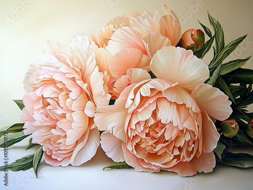 Pastel peonies in soft hues create serene and elegant floral arrangement. Their delicate petals and lush green leaves evoke sense of tranquility and beauty