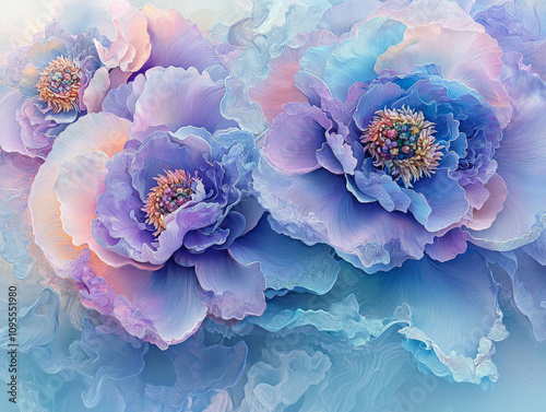 Vibrant pastel peonies in full bloom, showcasing intricate ruffles and delicate colors, create serene and enchanting floral display