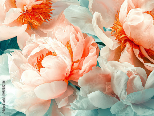 Pastel peonies in full bloom create soft, dreamy atmosphere with delicate petals and vibrant centers. gentle bokeh effect enhances their beauty
