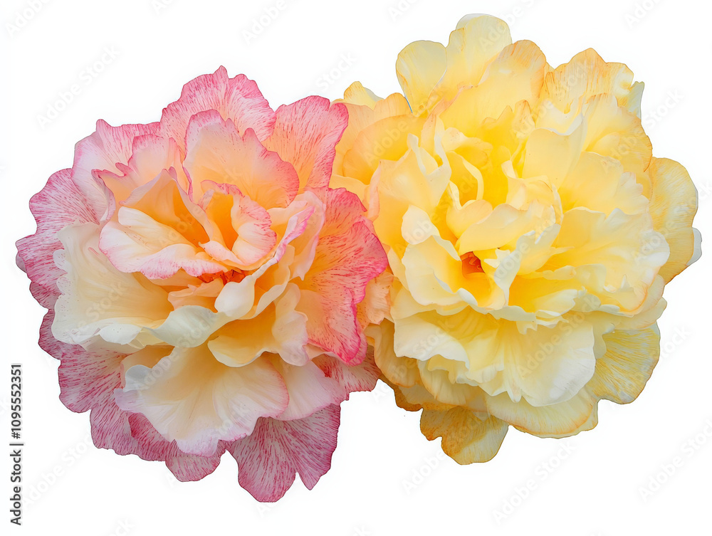 Two beautiful pastel peonies in full bloom, showcasing ruffled layered petals, exuding sense of elegance and tranquility Two beautiful pastel peonies in full bloom, showcasing ruffled layered petals, exuding sense of elegance and tranquility