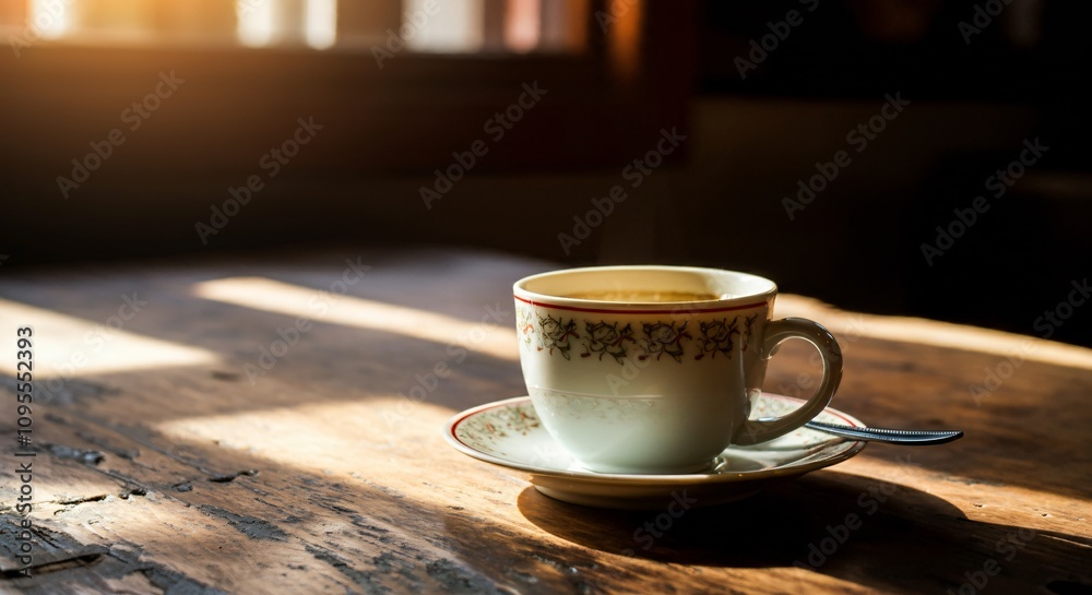 Morning coffee on a rustic wooden table with sunlight streaming through the window Morning coffee on a rustic wooden table with sunlight streaming through the window