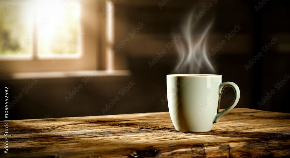 Fototapeta premium Morning coffee on a rustic wooden table with sunlight streaming through the window