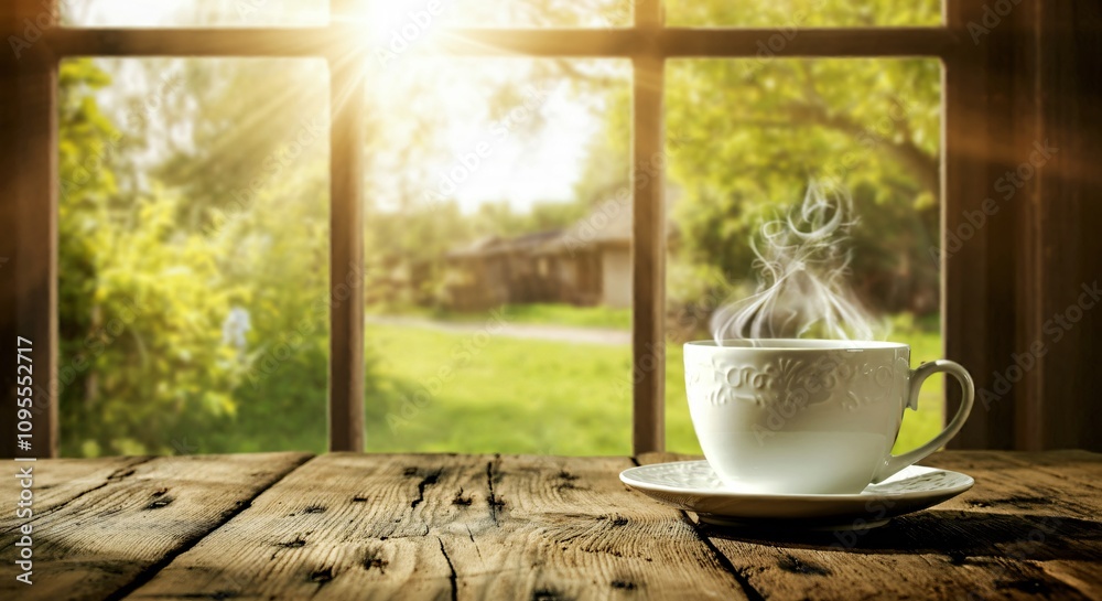 Morning coffee on a rustic wooden table with sunlight streaming through the window Morning coffee on a rustic wooden table with sunlight streaming through the window