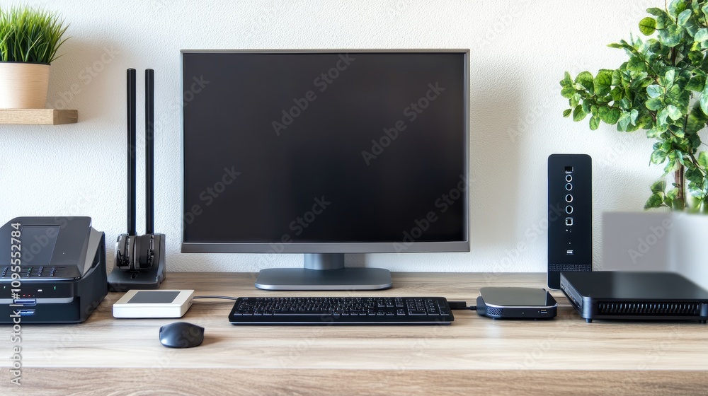 Modern Workspace with Computer, Printer, Router, and Accessories on Wooden Desk in Bright Environment Featuring Green Plant Decor Modern Workspace with Computer, Printer, Router, and Accessories on Wooden Desk in Bright Environment Featuring Green Plant Decor