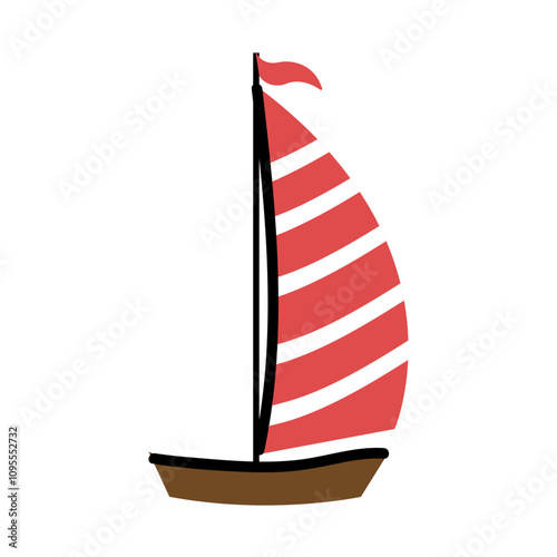 A simple illustration of a sailboat with red and white sails. Doodle ship.