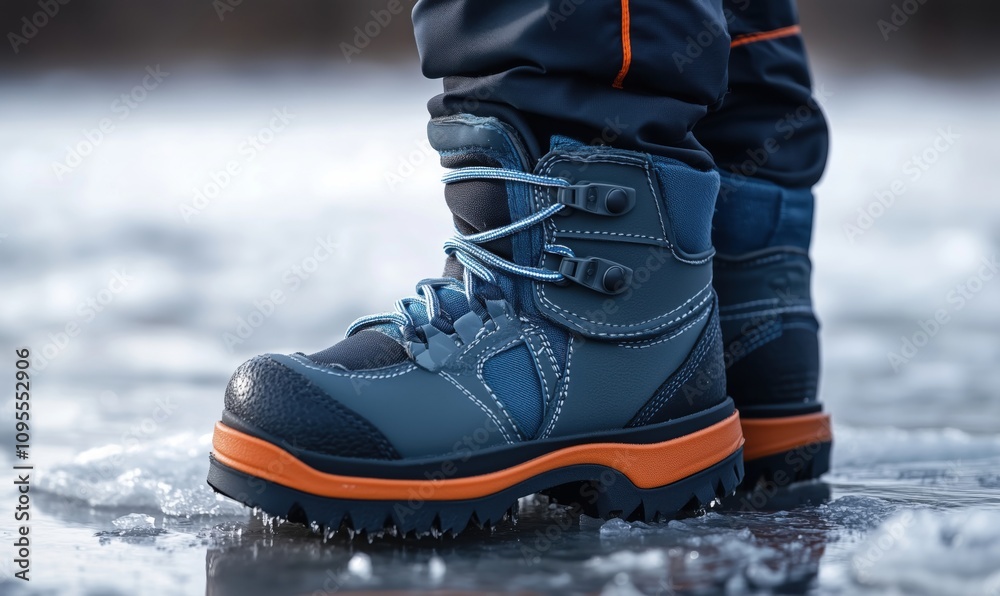 Winter boots on icy surface, durable design, blue and orange color scheme, suitable for cold weather, featuring laces and hooks Winter boots on icy surface, durable design, blue and orange color scheme, suitable for cold weather, featuring laces and hooks