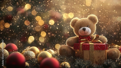 A cozy teddy bear sits beside a beautifully wrapped gift, surrounded by festive ornaments and shimmering lights, evoking a warm holiday spirit.