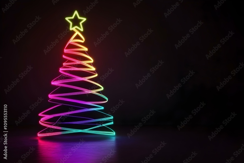 Neon rainbow-colored Christmas tree isolated on black background. Neon rainbow-colored Christmas tree isolated on black background.