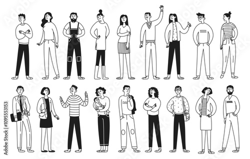 Set of doodle funny characters, diversity people in different activities. Businessmen, office workers, woman with baby. Man and woman. Vector illustration