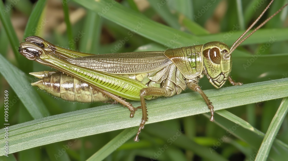 Close-Up of a Green Grasshopper Resting on a Leaf Surrounded by Lush Green Grass in a Natural Outdoor Environment Close-Up of a Green Grasshopper Resting on a Leaf Surrounded by Lush Green Grass in a Natural Outdoor Environment