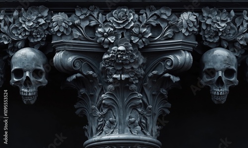 Skulls and Floral Carvings, intricate column design featuring skulls, detailed floral motifs, dark aesthetic, gothic architecture photo