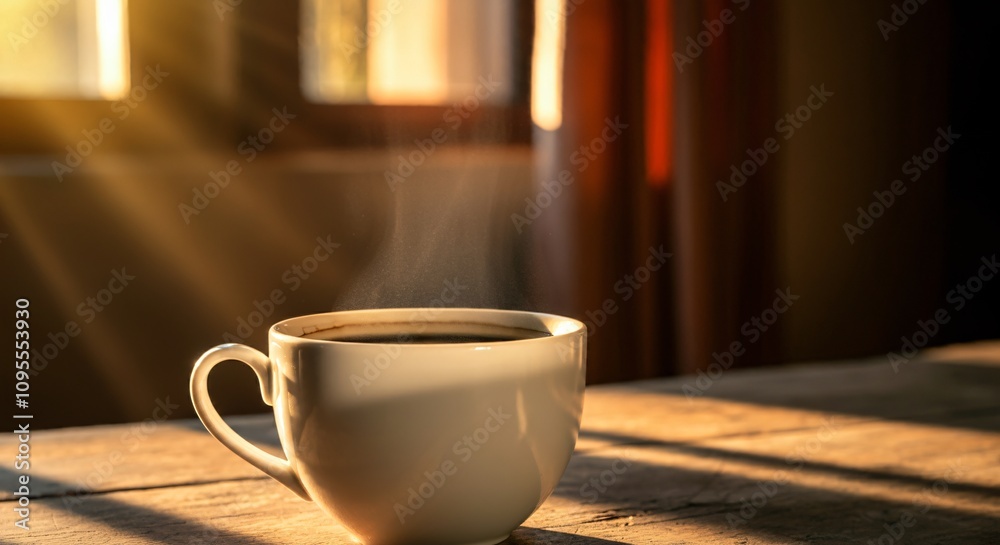 Fototapeta premium Morning coffee on a rustic wooden table with sunlight streaming through the window