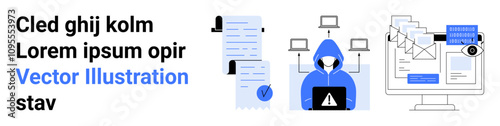 Hacker in hooded jacket with laptop, networked computers, email phishing icons, and staring eye on monitor. Ideal for cybersecurity, data protection, network security, hacking prevention, email