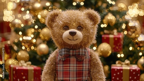 A cute teddy bear in front of a beautifully decorated Christmas tree, surrounded by festive gifts and sparkling lights.
